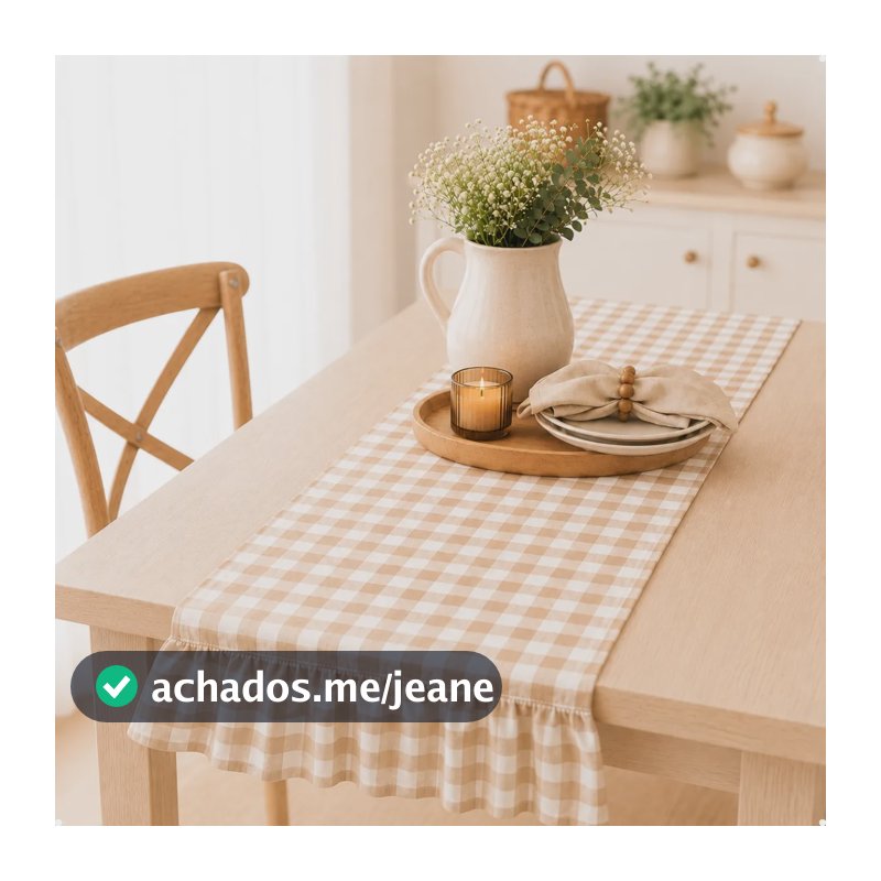 Caminho De Mesa Trilho Xadrez Farmhouse Mesa Posta Babado Xadrez Bege - 160 X 45