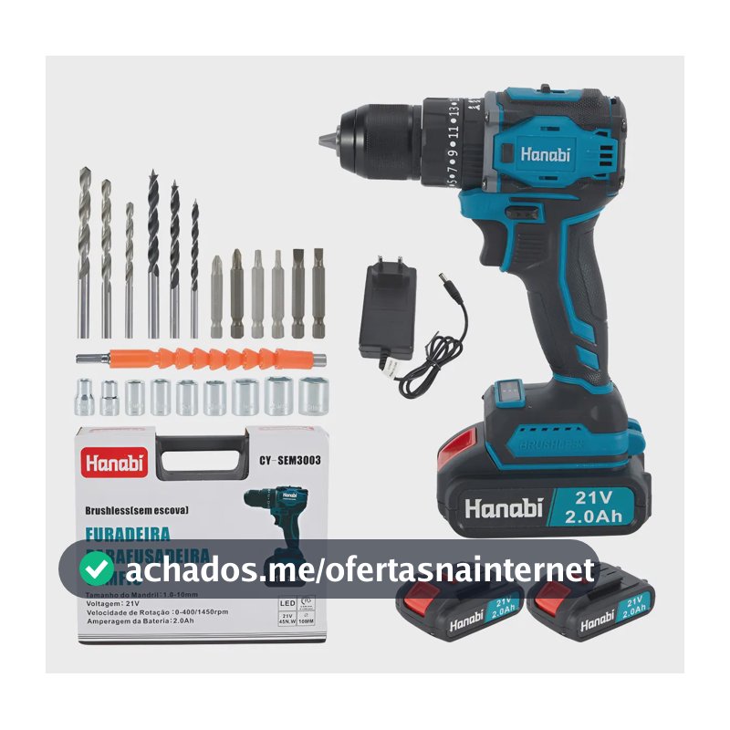 Parafusadeira Furadeira de Impacto Hanabi Brushless Sem Escova 45NM 25 níveis de ajuste 21v 2 Baterias Sem Fio Frequência 60hz 110v/220v (bivolt) Bateria Pardrao Makita