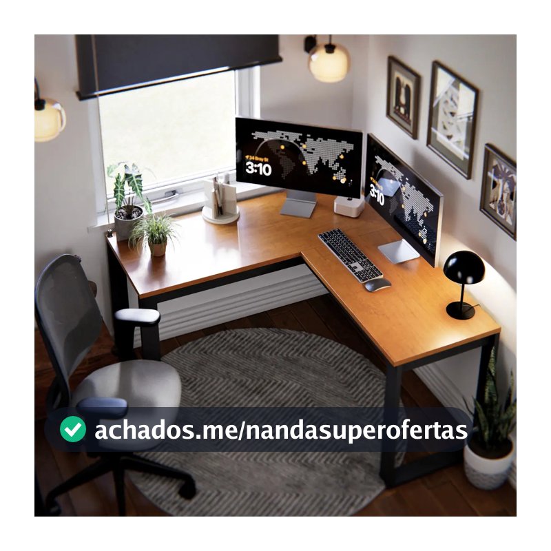 Escrivaninha Industrial Em L Berlim Mesa Escritório Home Office Para Estudo De Canto Em MDF Cor Canela Preto