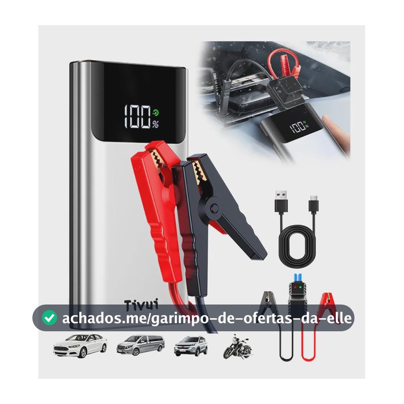 Bateria Auxiliar De Partida Carregador Portatil Veicular Com Emergência 8000mah De Automotivo Caminhao Moto Jump Starter Iluminação Led