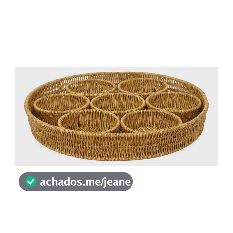 Bandeja Redonda Decorativa Cromus de Fibra Sintética Marrom c/ 7 Petisqueiras