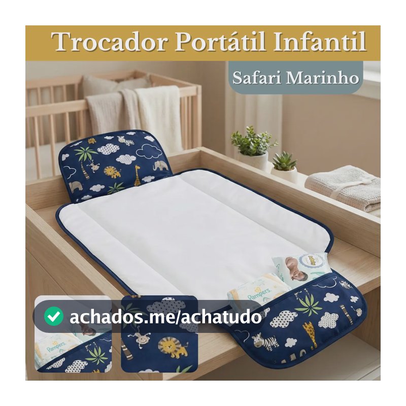 Trocador De Fralda Impermeável Dobrável Retrátil Com Bolso Lindas Estampas Safari Marinho