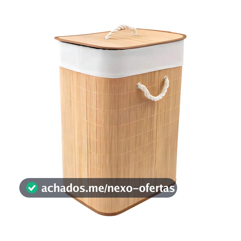 Cesto para Roupas Bambu Dobrável com Tampa Bege 60L Texfine