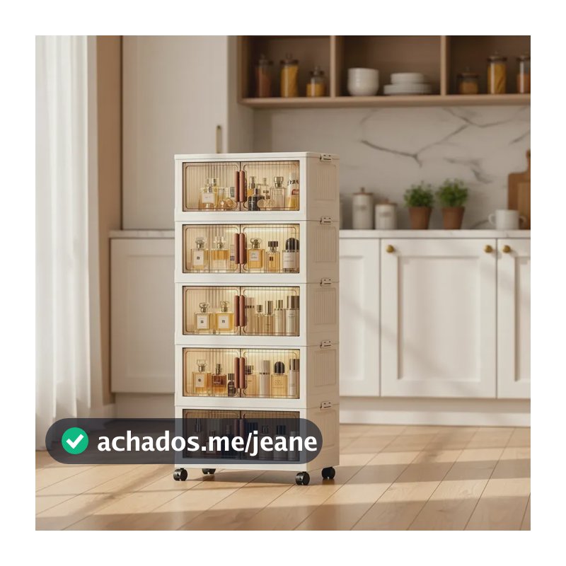 Armário Multiuso Caixa de Armazenamento Dobrável com Rodinhas e Porta Transparente, Organizador para Quarto, Sala, Closet e Brinquedos