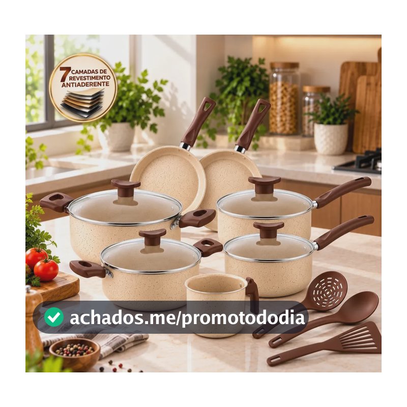 Jogo de Panelas Antiaderente 7 Camadas 10 Peças Kit Cozinha Casa Nova com Tampas de Vidro Caçarolas Frigideiras Retas Fundas Fervedor Leiteira e Utensílios Conjunto Compacto Dia a Dia Baunilha