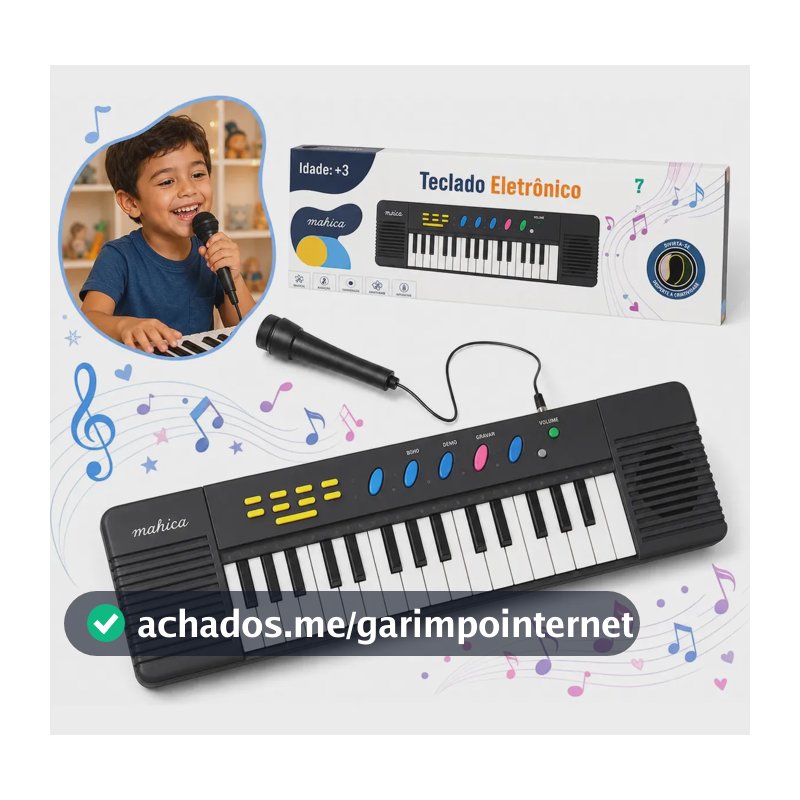 Teclado Infantil 32 Teclas com Microfone Karaokê Teclado Musical Infantil Piano de Brinquedo Educativo para Crianças a Pilha 47cm Preto Kizumba