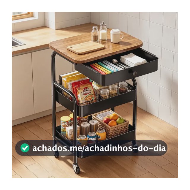 3 Níveis Carrinho Organizador Em Aço Mdf Com Gaveta E Rodas