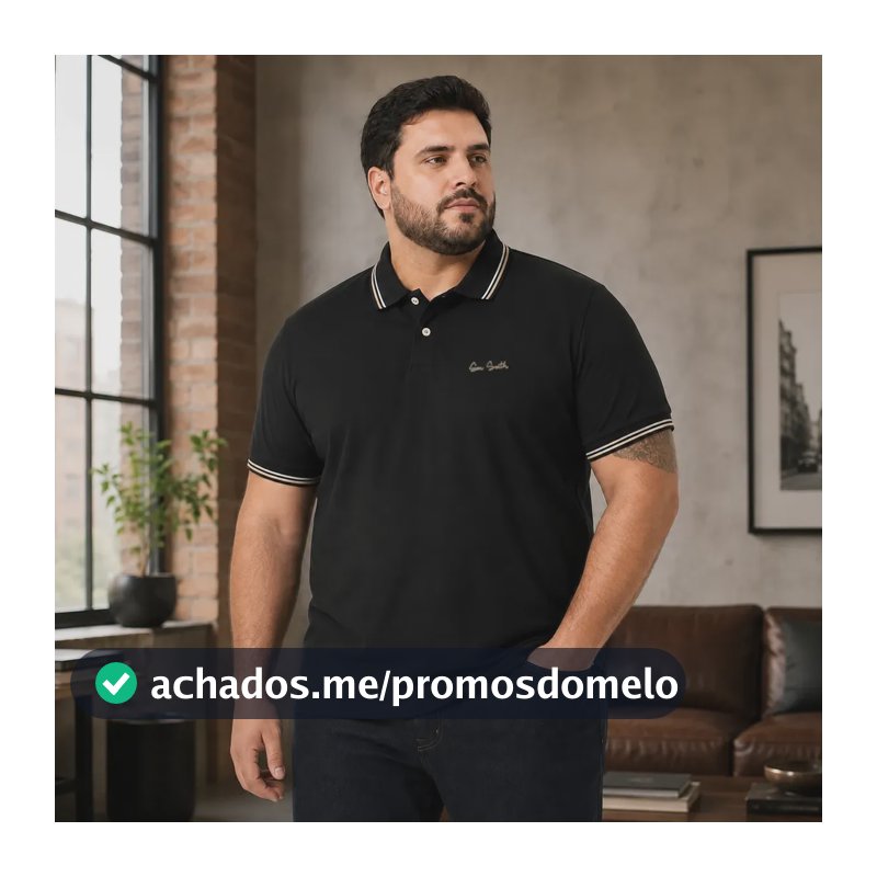 Camisa Polo Masculina Plus 100% Algodão Penteado Preto Liso G1