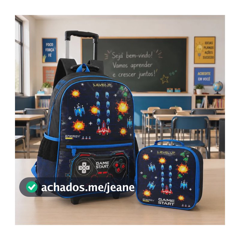 Kit Mochila Game Luxcel Com Rodas e Lancheira Térmica Azul