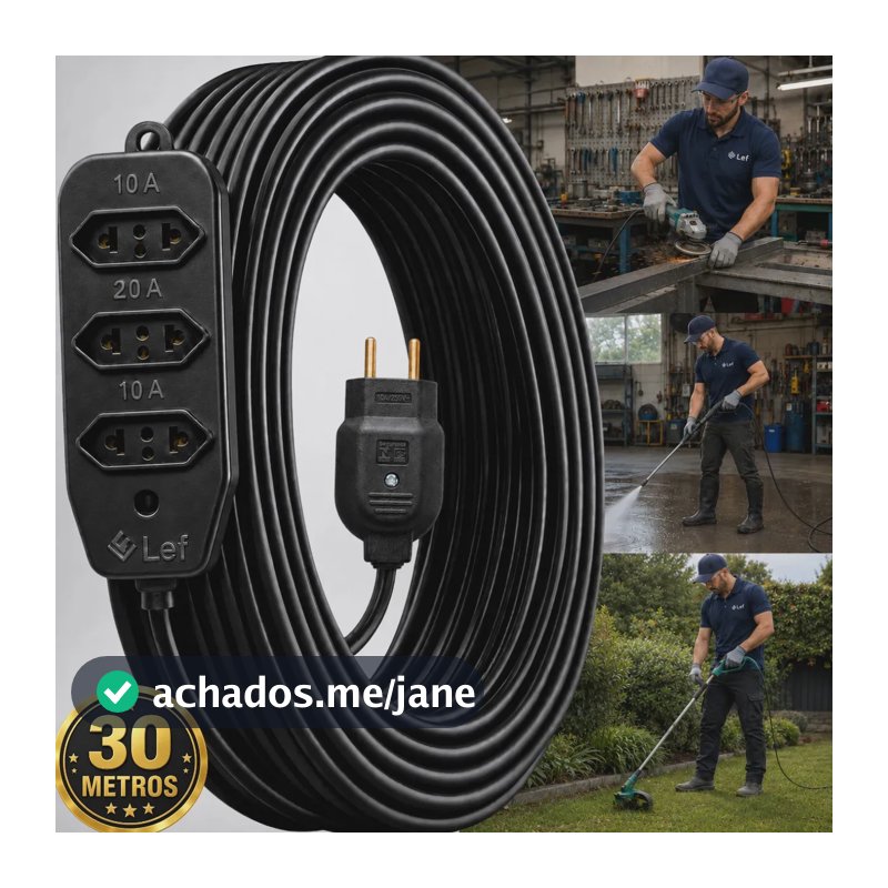 Extensão Elétrica 30 Metros Reforçada Cabo Pp Profissional 10A 20A 3 Barra de tomadas Bivolt Cabo Dupla Camada Flexível para Obra Uso Residencial Ferramentas Elétricas Lavadoras Área externa Two Lef