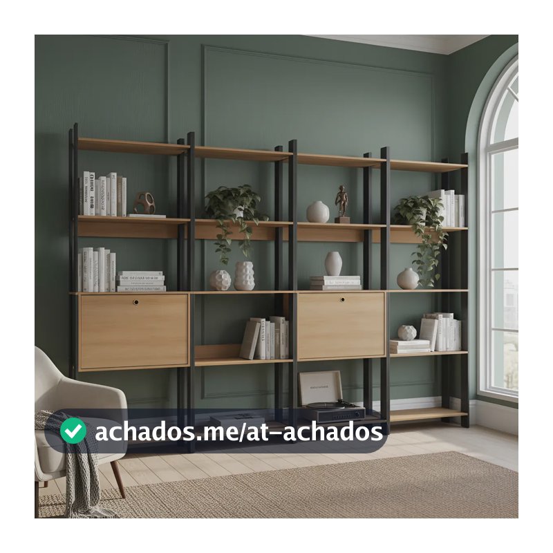 Kit 4 Estantes Para Livros 2 Portas 20 Prateleiras Estilo Industrial Lâmina Mel/preto - Brv Móveis
