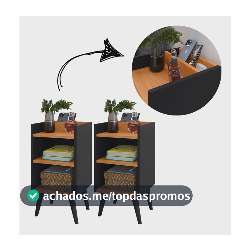 2 Criado Mudor C/ Gaveta E Prateleira Maravilho Quarto Decor Acabamento Brilhante Cor Kit Max Preto/Cina