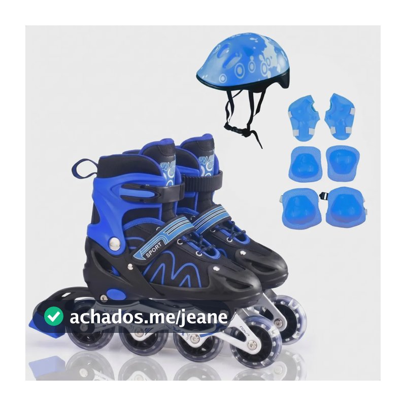 Patins Infantil Ajustável 4 Rodas Inline Roller Kit Proteção Azul- (p)