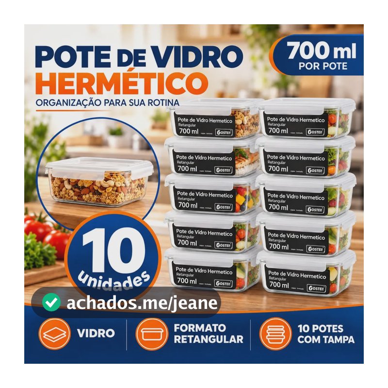 Kit 10 Potes De Vidro Hermetíco 700ml Marmita Forno Refratário Gostei! Transparente