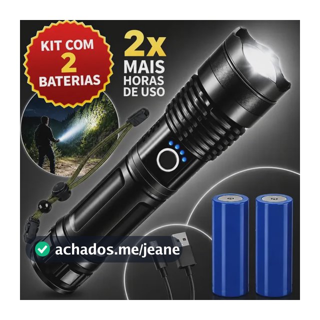Kit Lanterna Com 2 Baterias Recarregáveis RQC Tática T9 Mais Forte Do Mundo Zoom Potente Militar Profissional Led Usb Longo Alcance