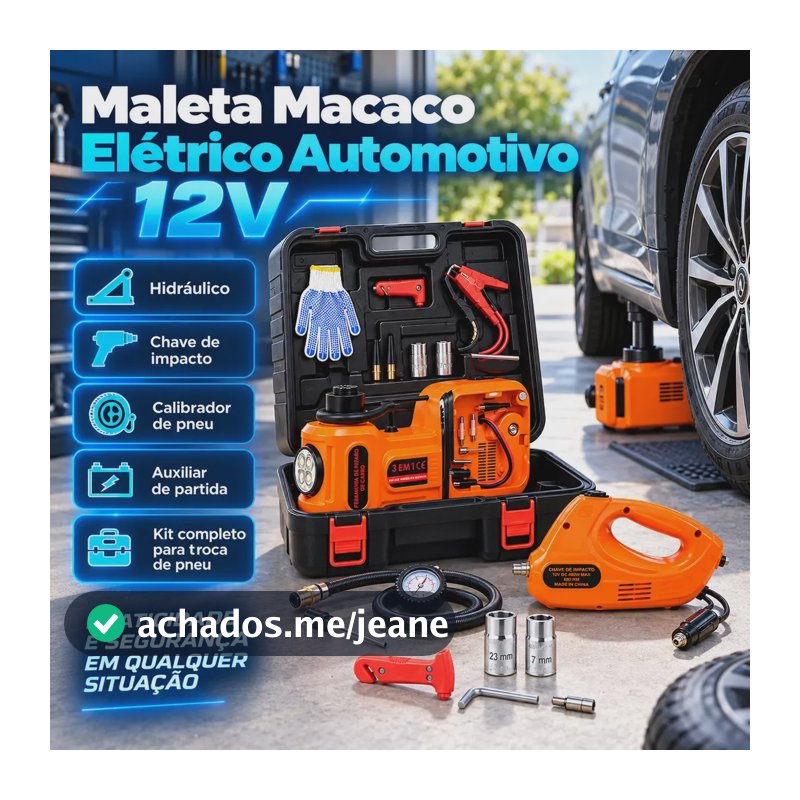 Kit Macaco Elétrico Hidráulico Automotivo 12V Com Calibrador De Pneus E Auxiliar De Partida Bateria