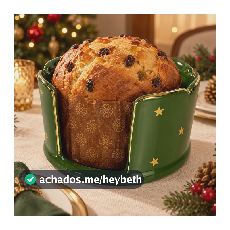 Porta Panetone Cerâmica Verde Estrela Dourada Natal 20 Cm Base Redondo Confeitaria Suporte Bolo Cupcake Doces Boleira Natalino
