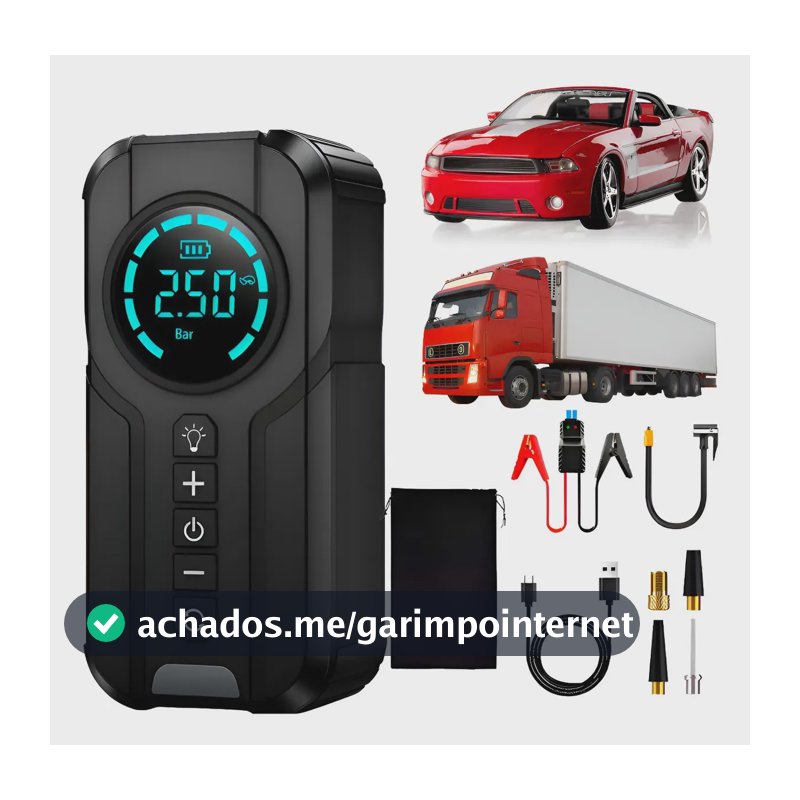 Auxiliar Partida Bateria Portátil Compressor Ar Emergência Preto 15v