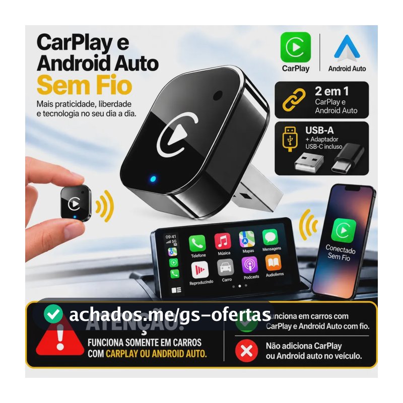 Adaptador CarPlay Sem Fio Android Auto 2 em 1 Compatível Carro Som Multimídia Portátil Plug And Play Automático Usb Wireless Automotivo Kateluo