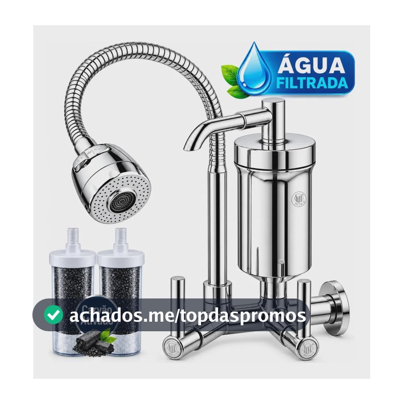 Torneira Cozinha com Filtro Gourmet Tubo Flexível Chuveirinho 2 Jatos Carvão Ativado Parede