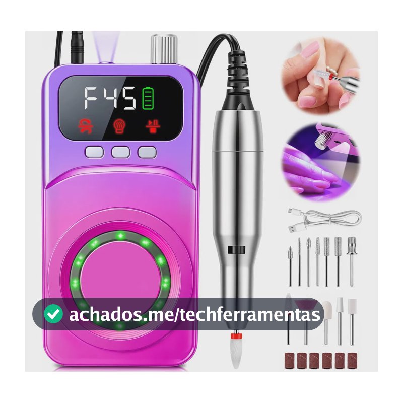 Lixadeira De Unhas Com Luz UV Integrada E Velocidade De 45000 RPM, Motor De Unha Ablevaz Com Velocidade Ajustável E Reversível, Iixadeira Manicure Com 12 Brocas e 6 Lixas Para Salão E Uso Doméstico
