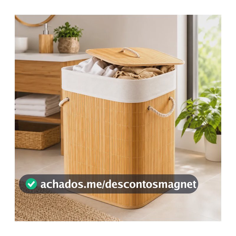 Cesto para Roupa Suja Dobrável de Bambu 72L com Tampa e Forro Removível