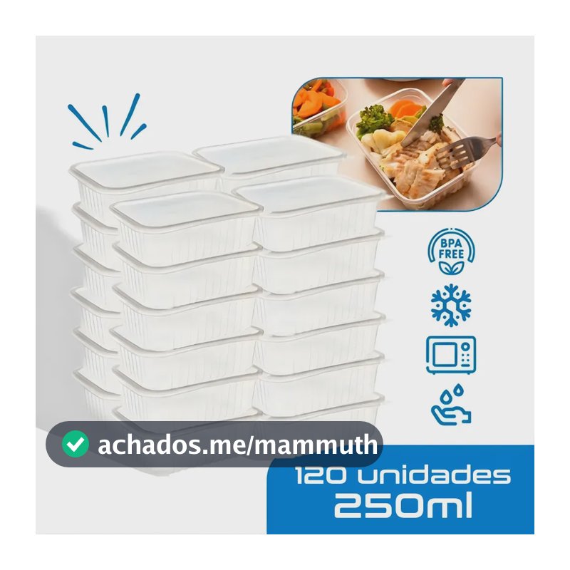 120 Marmitas 250ml Comida Fitness Pote Descartável Retangular Plástico Freezer Microondas Com Tampas - Montza
