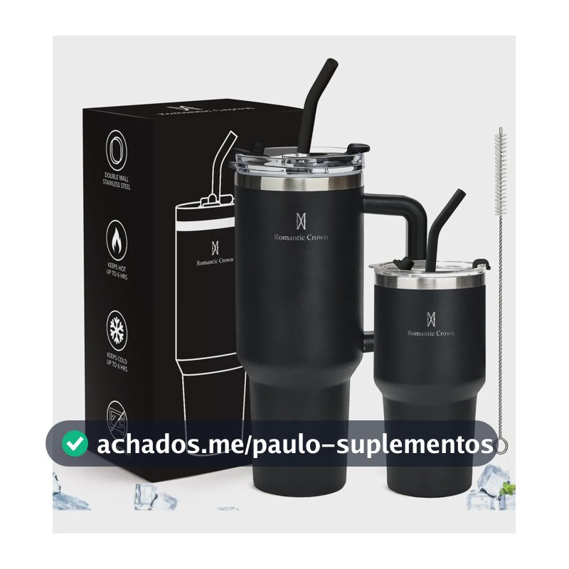 Kit Copo Térmica Inox 1200ml & 600ml Com Tampa E Canudo Preto Cor Pura