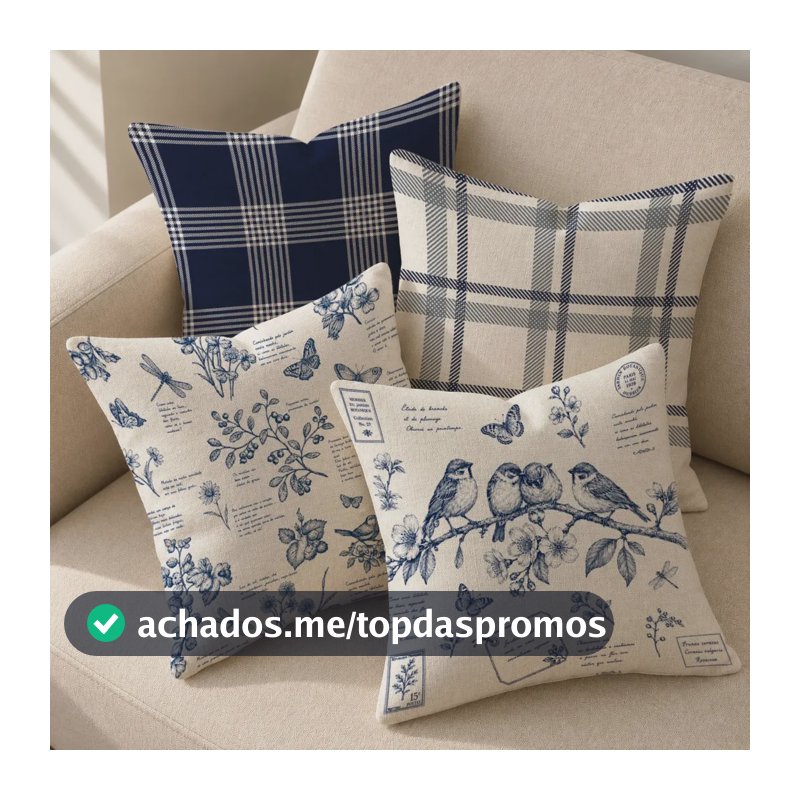 Kit 4 Capas Almofadas Decorativas Xadrez Pássaros Cottage Azul Cottage Farmhouse