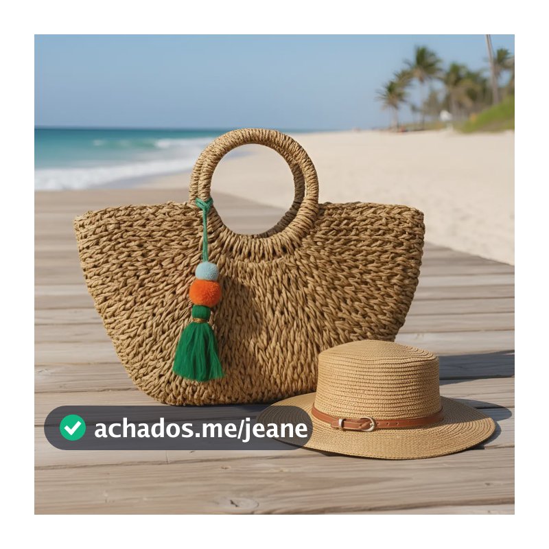 Bolsa Praia Palha Sintética Meia Lua Bege com Chapéu Ajustável Boutique Soberana