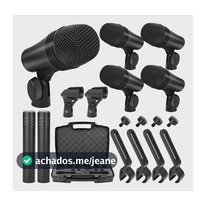 Kit Microfone Para Bateria 7 Peças Em Case Percussão Bumbo Preto