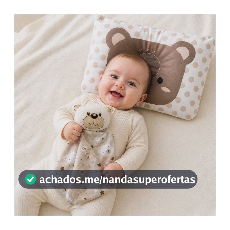 Kit Naninha Pelucia + Travesseiro Bebe Anatomico Almofada Poá Ursinho