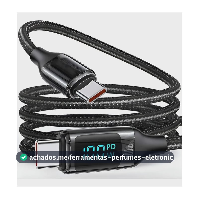 Cabo Carregador Rápido 100w Turbo Mostrador Led Usb Tipo C Preto