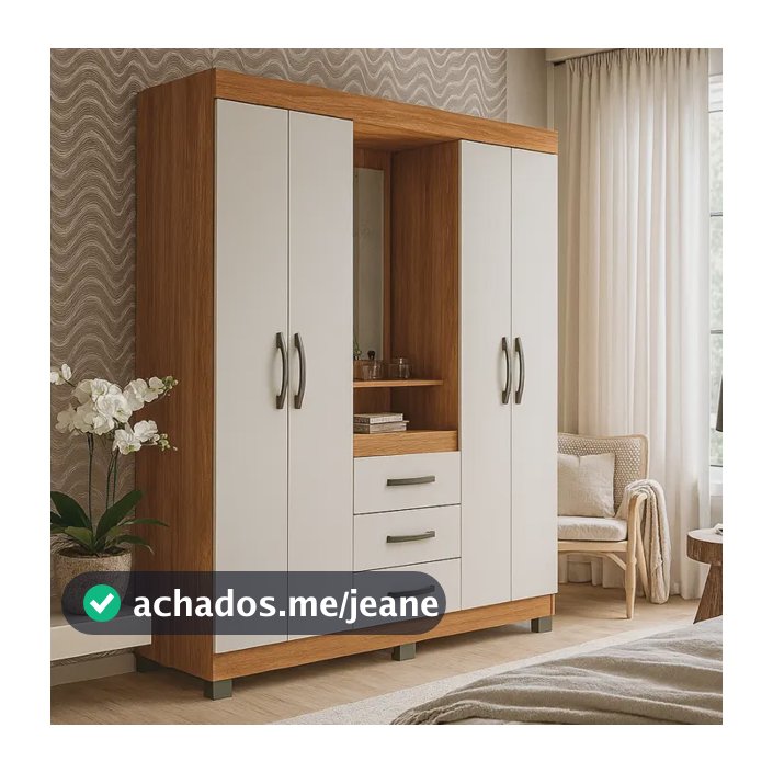 Guarda Roupa Casal 4 Portas Roupeiro Com Gavetas E Espelho Cor Freijó Com Off White