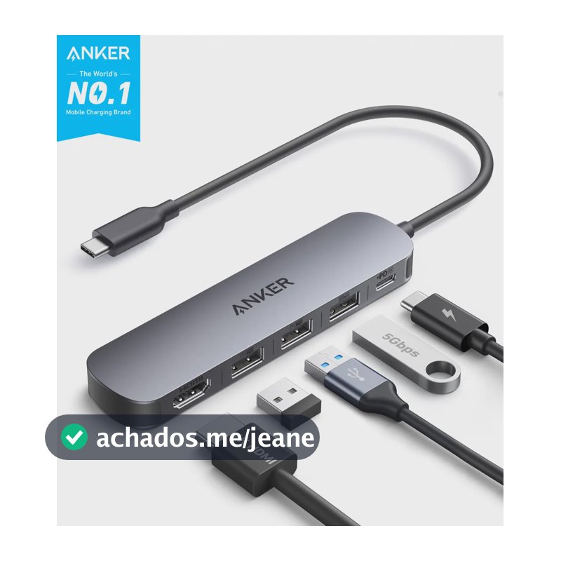 Hub USB C 5 portas em 1 Anker Dock Station Adaptador HDMI 4K, USB 3.0 5Gbps, Power Delivery 90W, Compatível com Thunderbolt para MacBook Pro/Air, Notebooks Windows