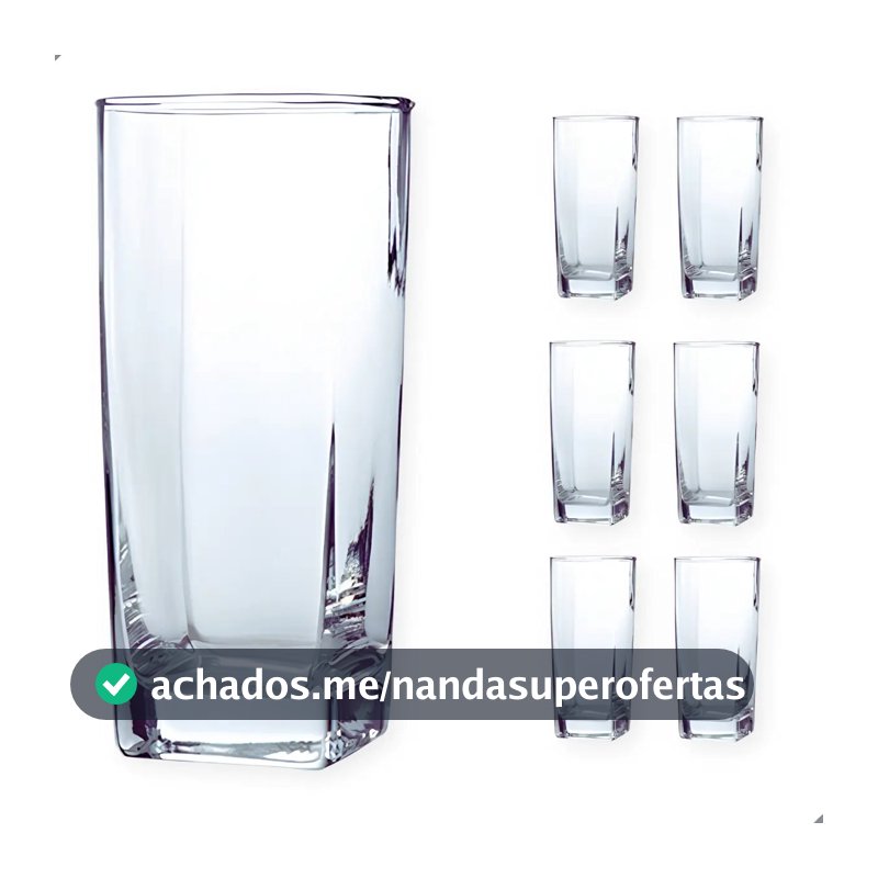 Jogo De 6 Copos De Vidro Alto 300ml Quadrado Suco Agua Ms Variedades