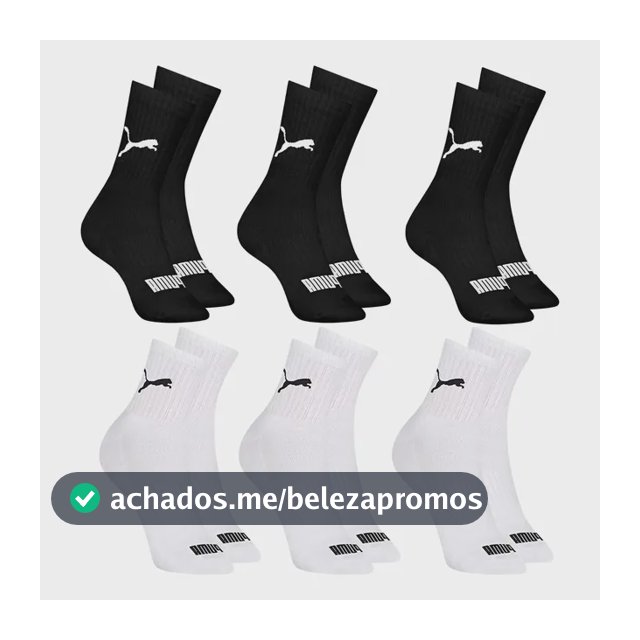 6 Pares Meias Puma Cano Médio Alto Atoalhada Academia Sport