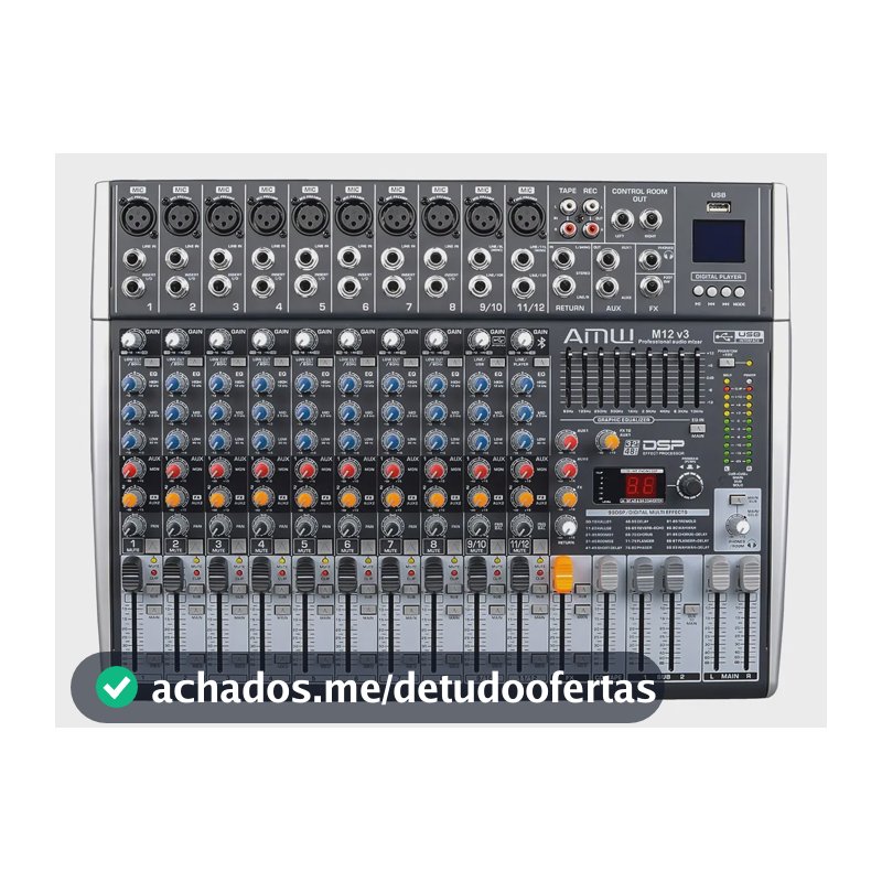 AMW M12 v3 Mesa de Som 12 Canais 99 Efeitos Dsp Interface de áudio USB, Bluetooth Aux Sub