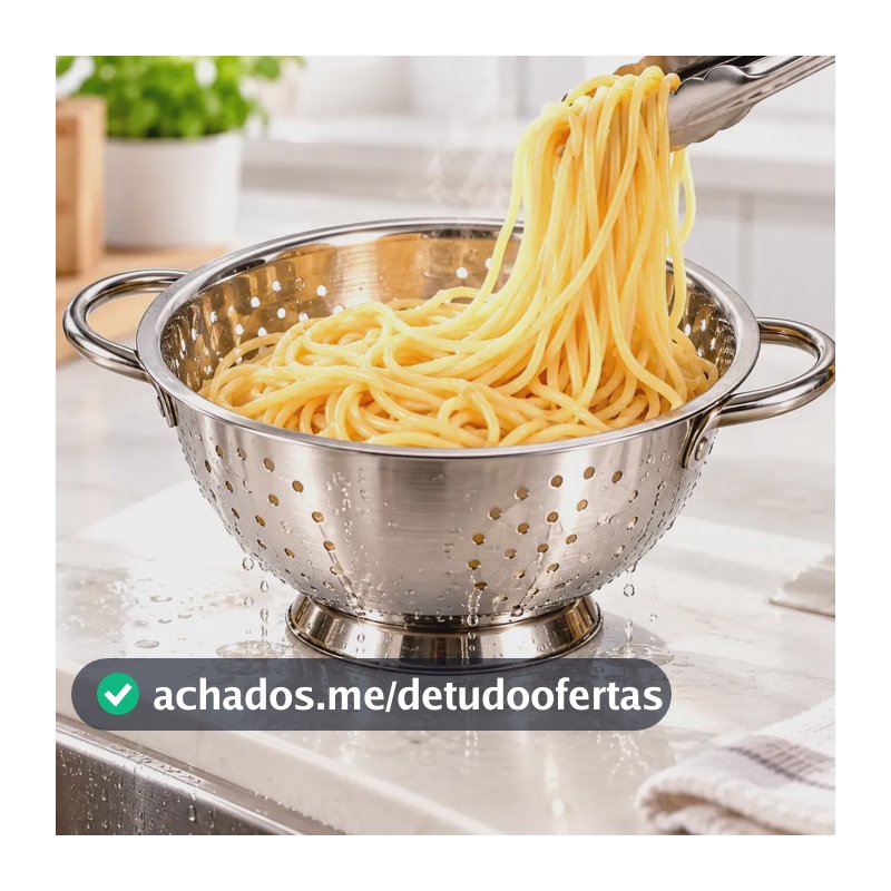 Escorredor de Macarrão Massas Inox 304 24cm com Alças Base Elevada Passador de Massa Frutas Verduras Legumes Alimentos Cozinha Escorrer Lavar Multiuso Utensílio Coador Preparos Doméstico Prático