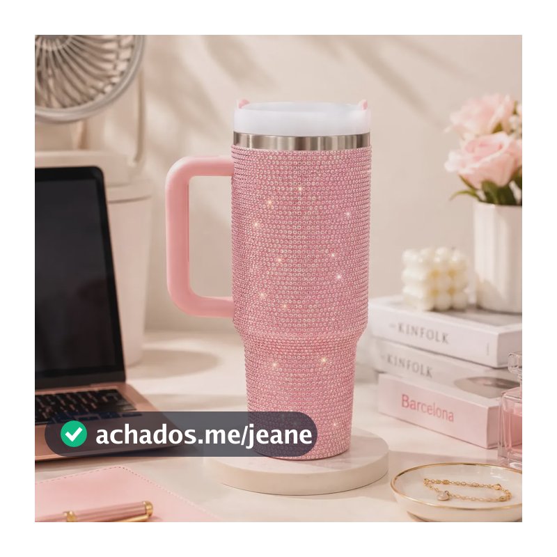 Copo Térmico Strass Brilhante Com Tampa Alça Canudo 1200ml Rosa