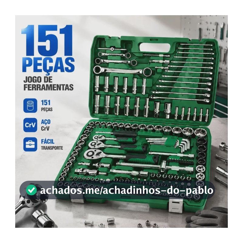Kit Jogo De Ferramentas Com Soquetes 151 Peças De Aço Crv Verde-musgo
