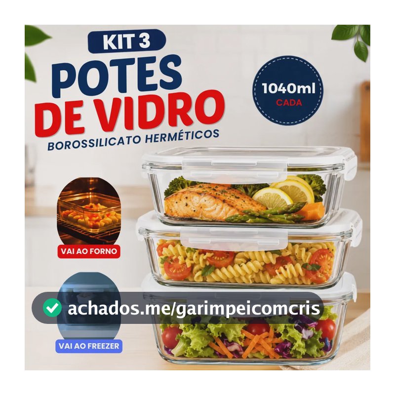 Kit 3 Potes de vidro hermético 1040ml Borossilicato transparente marmita com tampa travas vedação tapuer refrátario para forno micro-ondas freezer reutilizável para cozinha fitness pote salada frios
