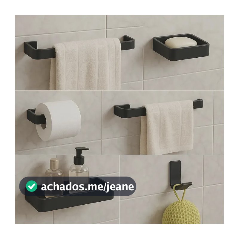 Kit Acessórios Para Banheiro Lavabo Gobi Brasil Cabide Toalheiros Papeleira 6 Peças Quadrado Aço Inoxidavel Premium - Preto