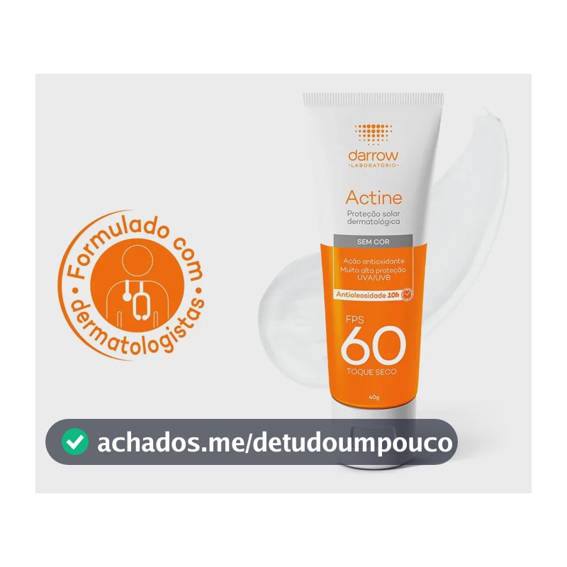 Protetor Solar Facial Antioleosidade Darrow Actine FPS60 Sem Cor, 40g