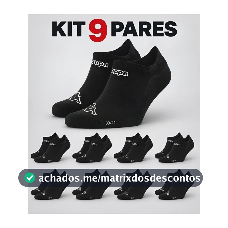 Kit 9 Pares Meias Kappa Sapatilha Soquete Invisível Original Preto 38-43