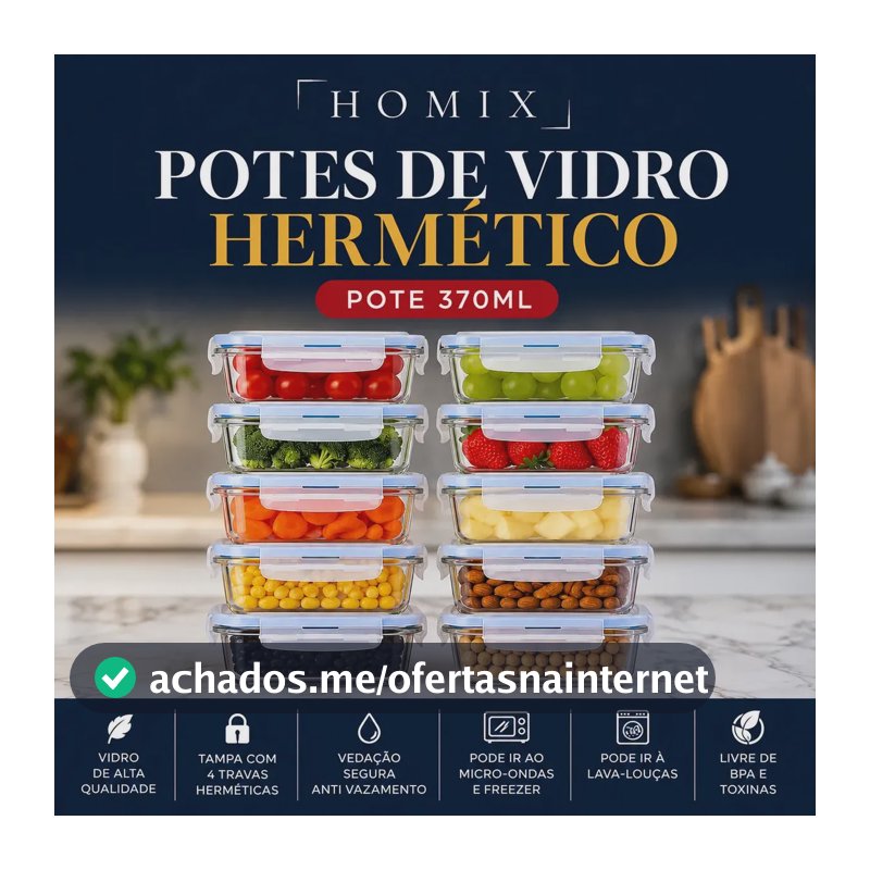 Kit 10 Potes Vidro Hermético 370ml Retangular 4 Travas Marmita Premium Homix