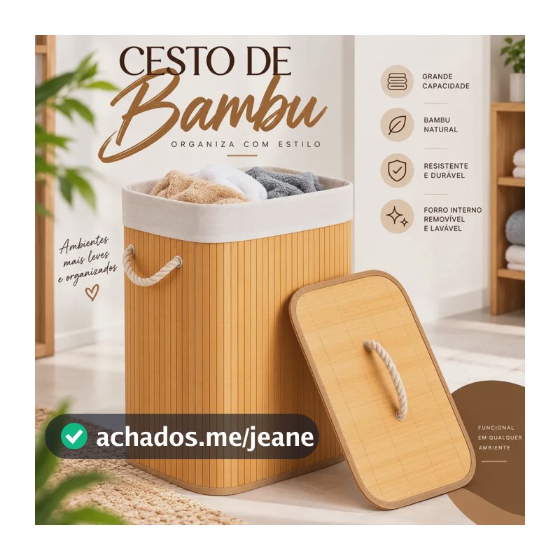 Cesto De Roupa Bambu Natural Dobrável Retangular Com Tampa E Forro 50L Espaçoso Ideal Para Organizar Roupas, Toalhas E Peças Do Dia A Dia