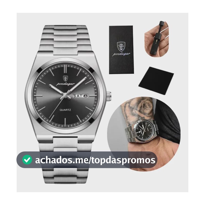 Relógio Poedagar Suiço  Masculino Aço Inox Old Money C/caixa Prateado Preto