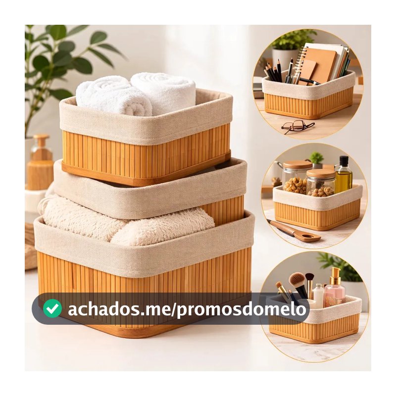 Kit 3 Cestos Organizadores de Bambu Retangulares com Forro Lavável Multiuso Organizar Casa Banheiro Cozinha Guarda-Roupa Lavanderia Armazenamento de Objetos - Nany Pink