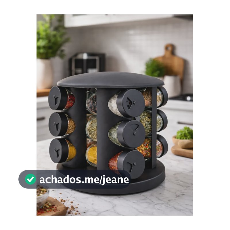 Porta Temperos Condimentos Giratório 12 Potes Vidro Preto Preto